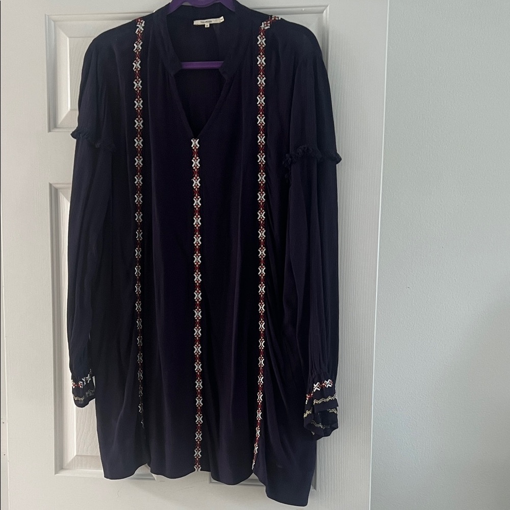 Tularosa Dark Blue Midi Dress with Red and White Embroidery